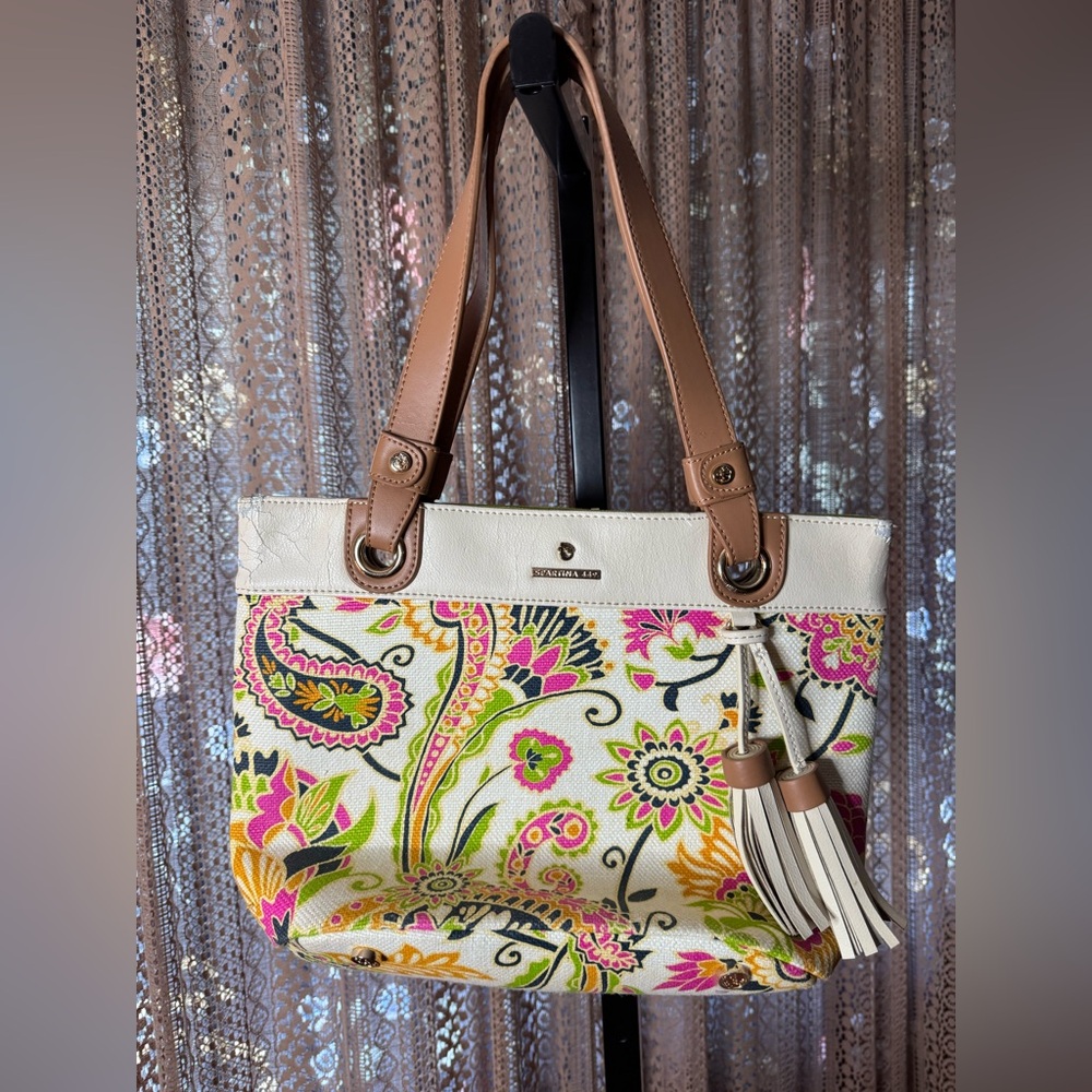 Spartina 449 Floral Canvas Tote with Brown Accents as is